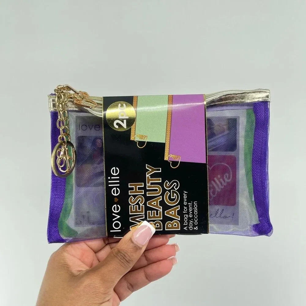 Love Ellie 2Pc Mesh Beauty Bags Set Purple Green Travel Cosmetic Pouches NIP